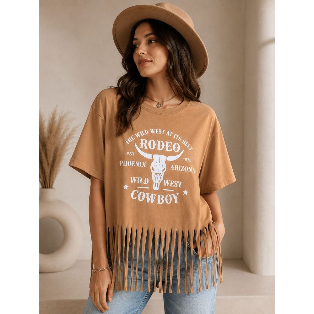 Western Cowgirl Fringe T Shirt Women Rodeo Cowboy Tee Khaki XXL